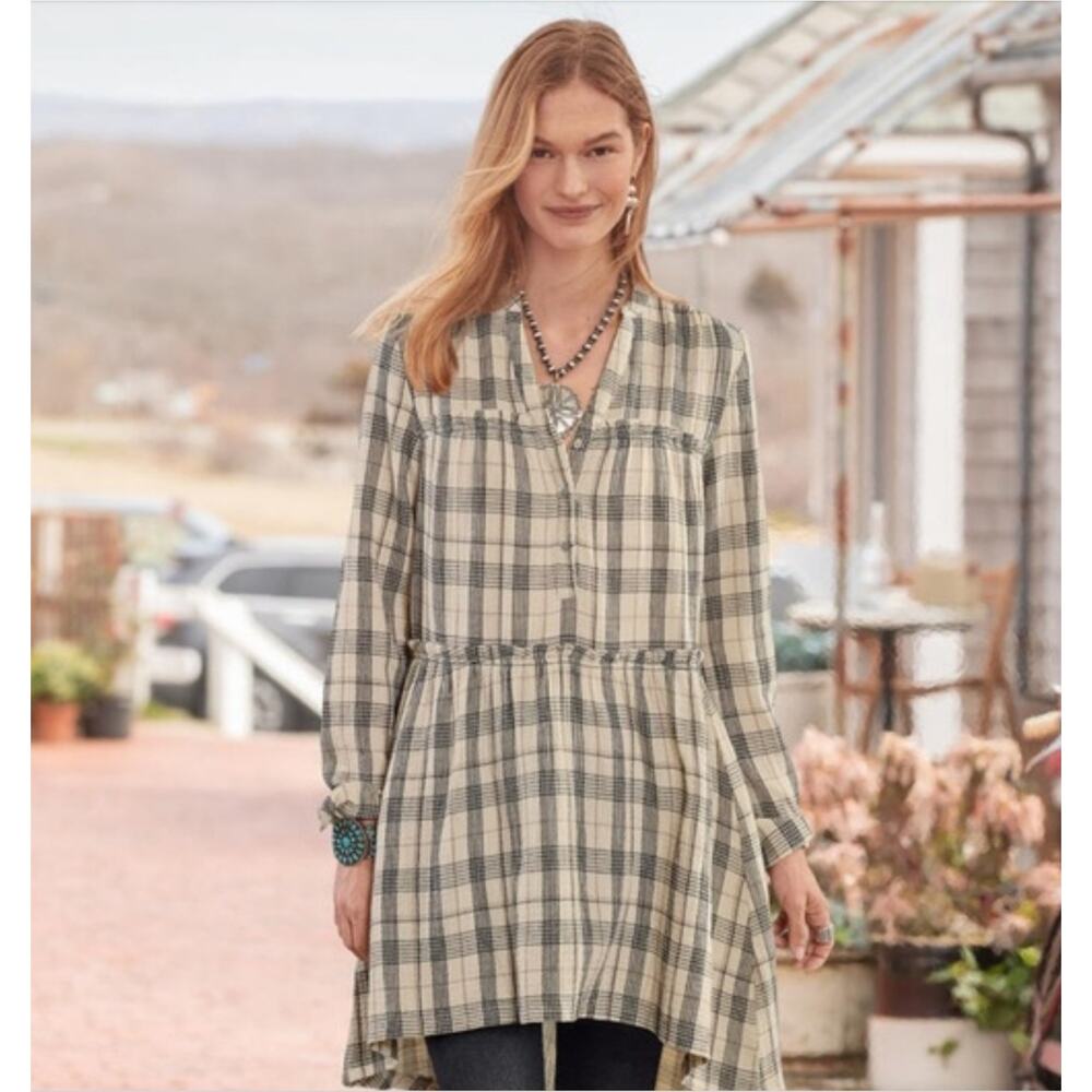 Sundance Dreaming In Plaid Cotton Tunic Dress Small Cream Black